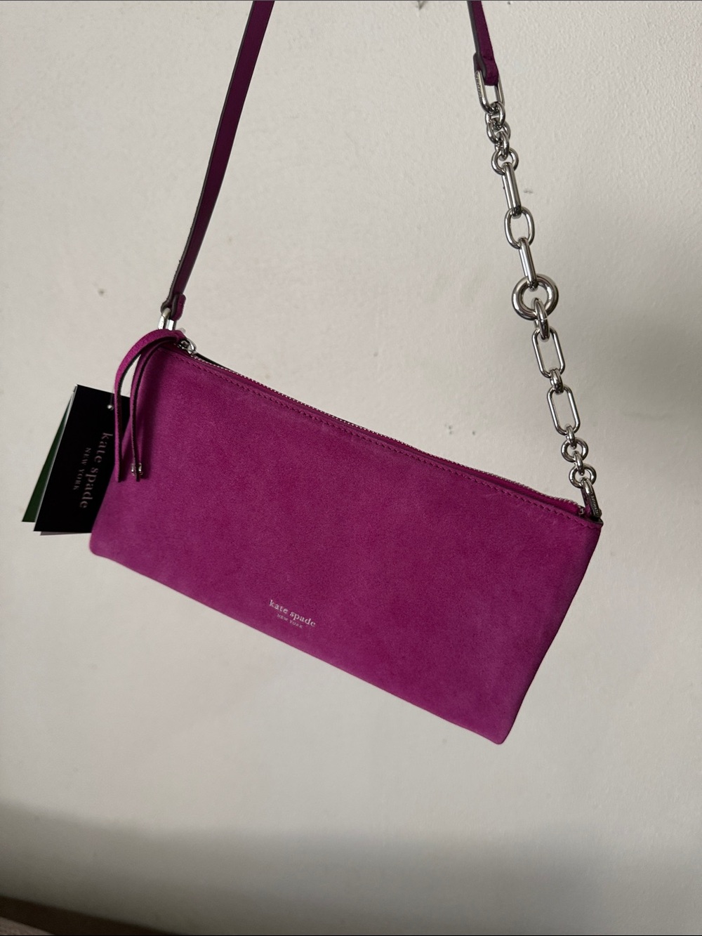 kate spade pink Suede bag with Silver Chain Strap